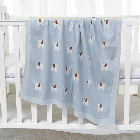 100% Cotton Baby Blanket Knit Soft Cozy Swaddle Receiving Blankets Toddler Infant blanket with Lovely Elephant for Newborn Boy Girls - Light Blue,...