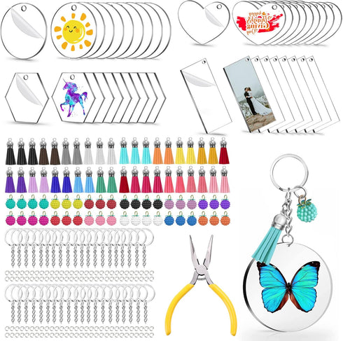 Myzzxt 281 PCS Acrylic Keychain Blank Kit, 4 Shapes of Acrylic Clear Blanks, Key Rings, Tassels, Raspberry Decorations, Jump Rings and Craft Plier...