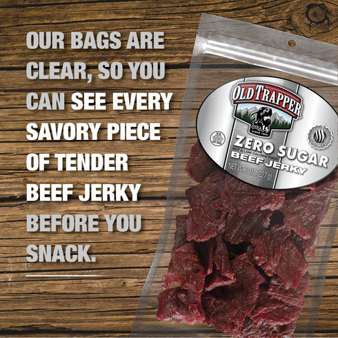 Old Trapper Zero Sugar Beef Jerky, Eight-Ounce Individual Package, Natural Wood Smoked Keto-Friendly Snack, 14 Grams of Protein, 70 Calories, and ...