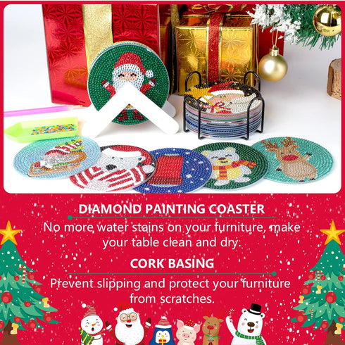 18 Pcs Christmas Diamond Painting Coasters Kits 4 Inch Coasters for Drinks with Cork Base Diamond Art Supplies Santa Claus Snowman Painting Kit fo...
