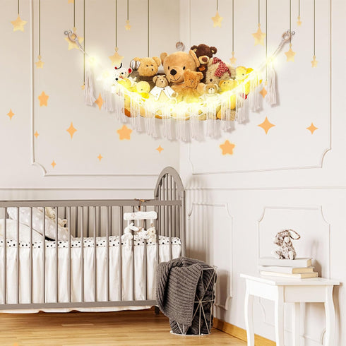 Stuffed Animal Hammock with LED Light, Toy Hammock for Stuffed Animals Storage for Kids Room Decor, Stuffed Animal Hammock Corner, White...