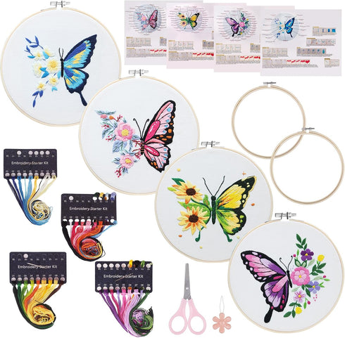 Embroidery Kit for Beginners,Cross Stitch Kits Set,Floral Butterfly Pattern Needlepoint Kits,4 Sets Hand Embroidery Kit for Craft Lover Hand Stitc...