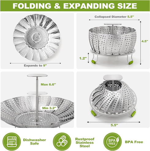 Steamer Basket, 3rd Generation Stainless Steel Vegetable Steamer with Extendable Handle for Cooking Food, Folding & Expandable Veggie Steamer Inse...
