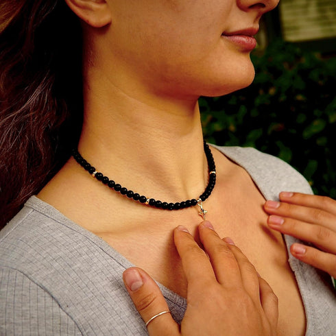 Black Onyx Choker Bead Necklace Crystal Collar | Dainty Star Pendant Cubic Zirconia Stone Vintage Lightweight Celestial Gold Jewelry for Women...