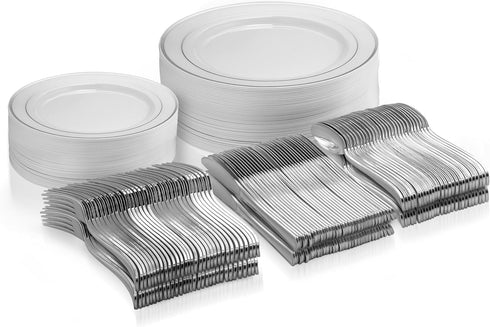 125 Piece Silver Dinnerware Party Set - 50 Silver Rim Plastic Plates, 25 Dinner 25 Dessert Plates, 25 Knives, 25 Forks, 25 Spoons - 25 Guest Dispo...