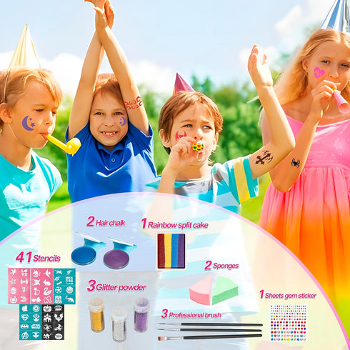 Maydear Face Painting Kit for Kids - 20 Colors Water Based Makeup Palette with Stencils, Glitters, Rainbow Split Cake, Hair Dye Clips, for Parties...