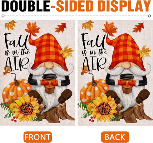 Fall is in the Air Gnome Pumpkin Coffee Decorative Garden Flag, Autumn Maple Leaves Yard Outside Decorations, Buffalo Plaid Cheetah Polka Dots Far...