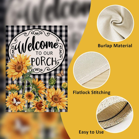 Home Decorative Welcome to Our Porch Spring Summer Sunflower House Flag, Black White Buffalo Plaid Check Yard Outside Decoration, Fall Autumn Farm...