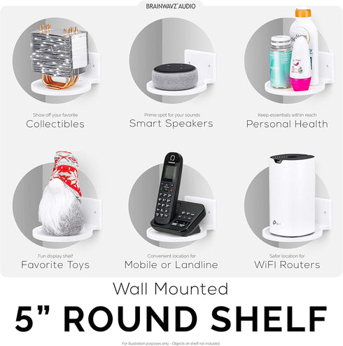 BRAINWAVZ 5” Round Floating Shelf Mount for Security Cameras Baby Monitors Speakers Plants Toys & More Universal Holder Stick-On Or Screw Mount, E...