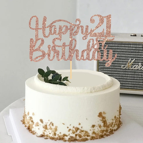 Happy 21st Birthday Cake Topper, 21st Birthday/Anniversary Party Supplies, Cheers to Twenty-one Years Party Decoration - Rose Gold Glitter...