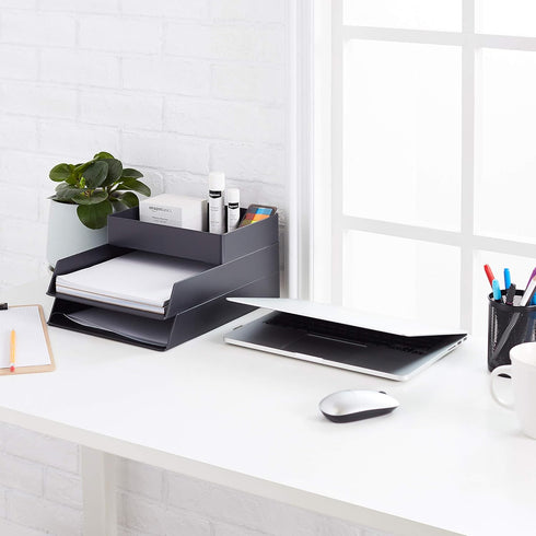 Amazon Basics Rectangular Plastic Desk Organizer, Accessory Tray, Black...
