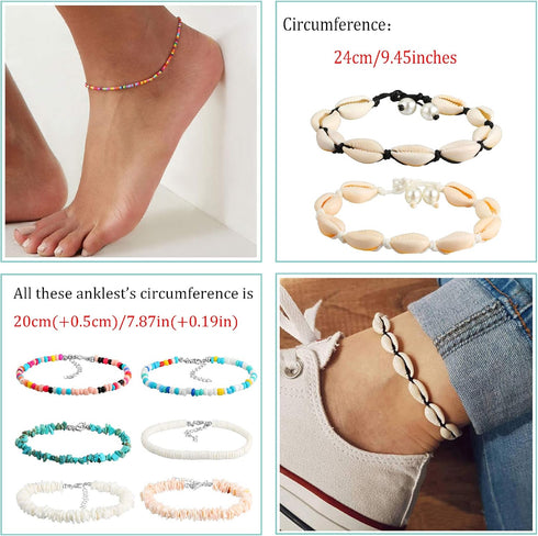 Honsny 12 PCS Beaded Anklet Bracelets for Women Adjustable Colorful Gold Anklet Bracelets Handmade Shell Ankle Bracelet Boho Summer Foot Jewelry f...