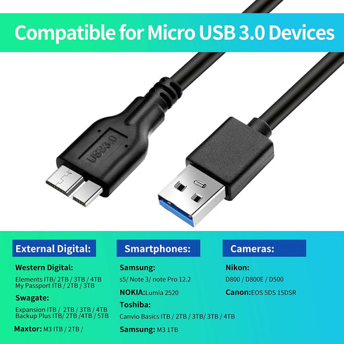 Micro B Cable, USB 3.0 A Male to Micro USB 3.0 Sync Cord,Data Wire for Toshiba,Seagate,Samsung,WD, My Passport and More External Hard Drive(1ft/35...
