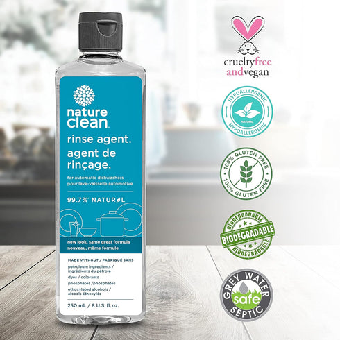 NATURE CLEAN Natural Dishwasher Rinse Aid Cleaner Liquid & Dishwashing Drying Agent 8 oz - 250ml. Non-Toxic Eco-Friendly Plant-Based Fragrance-Fre...
