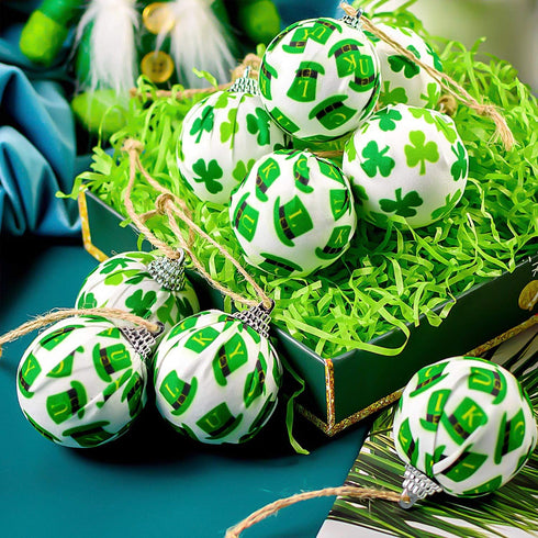 St. Patrick's Day Ball Ornaments, 12PCS Green Shamrocks and Hat Fabric Wrapped Balls, Decorative Hanging Ornaments for Tree Home Office Bedroom Pa...