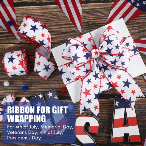 Xunyee 2 Rolls 20 Yards Red White Blue Ribbon Independence Day Stars Wired Edge Ribbon Fabric Patriotic Flag 4th of July Patriot Day Labor Day Rib...