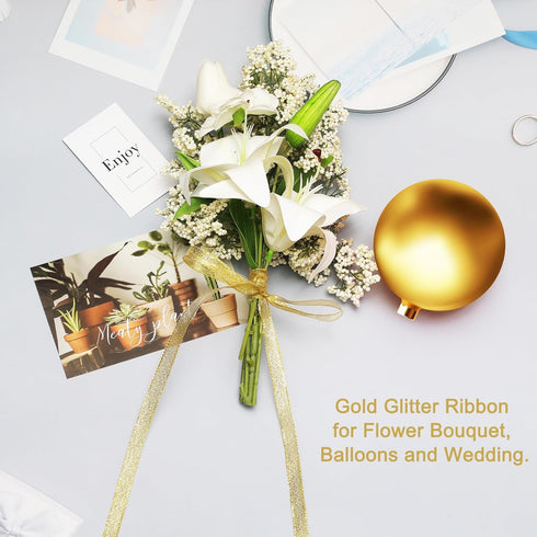 50 Yards Gold Glitter Ribbon 3/8 Inch, Sparkly Thin Solid Fabric Ribbon for Gift Wrapping, Crafts, Holiday Wedding Birthday Party Decoration Flora...