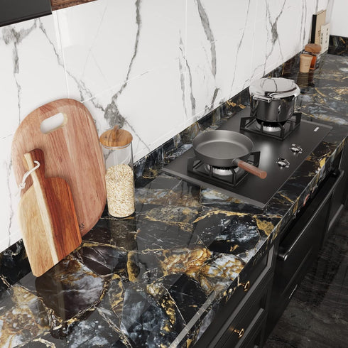 CRE8TIVE Glossy Slate Gold Marble Contact Paper Marble Wallpaper Peel and Stick Countertops for Kitchen Waterproof Self Adhesive Removable Marble ...
