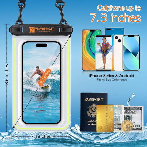 [2 Packs - 8.5“ Noctilucent Floatable Waterproof Phone Pouch Waterproof Phone case for iPhone Samsung Beach Swimming Kayaking Boating Fishing Divi...