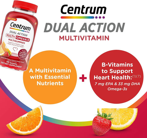 Centrum MultiGummies Multi+ Omega 3 Dual Action, Adult Multivitamin, Multivitamin/Multimineral/Omega 3 Supplement, Strawberry/Lemon/Orange Flavors...
