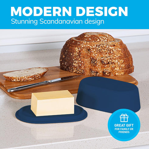 Midnight Blue Butter Dish with Lid For Countertop - Modern Bamboo Butter Crock - Dishwasher Safe Butter Keeper - Butter Holder Container Perfect F...