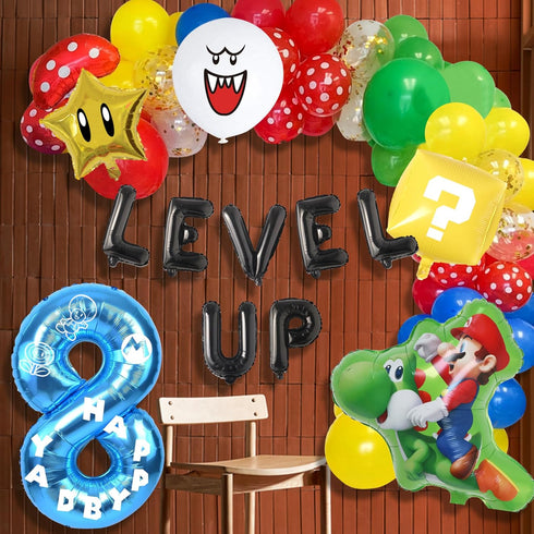 Video Game 8th Birthday Party Supplies, Level Up Letter Balloons, Boo Balloon, Balloons Arch for Kids 8th Birthday Decorations...