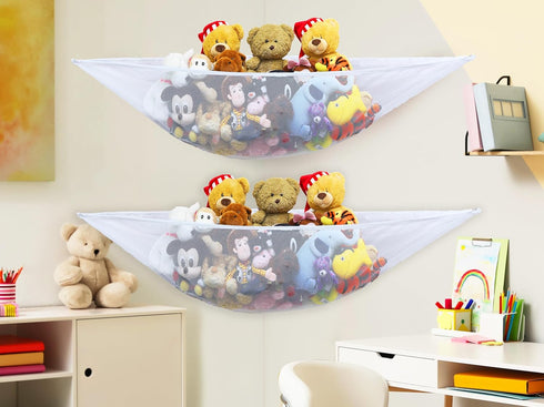Simple Houseware 2 Pack Stuffed Animal Toy Hammock Net, Corner Wall Storage for Kids Room, White...