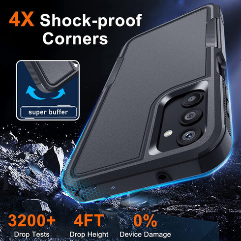 for Samsung Galaxy A25 Case, Full Body Heavy Duty Rugged Shockproof Protective Phone Cover with Lanyard Strap, Tempered Glass Screen Protector, Bl...