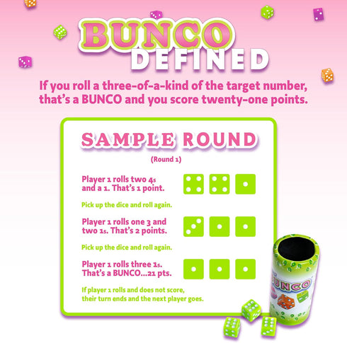 Continuum Games Box of Bunco Game Kit Party Box for Ladies Night 2-12 Players 3 Sets of Bunco Dice, Bell, and Score Pad for Game Night...