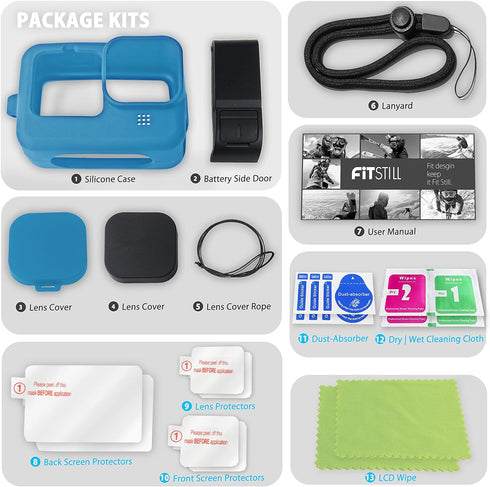 FitStill Blue Silicone Sleeve Case for Go Pro Hero 11 Hero 10 Hero 9 Black, Battery Side Cover&Screen Protectors&Lens Caps&Lanyard for Go Pro Hero...
