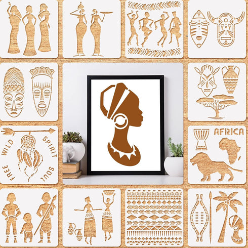 12 Pieces African Tribal Stencils for Painting on Wood African Tribal Painting Stencil Templates Reusable Plastic Art Craft Stencils for Scrapbook...