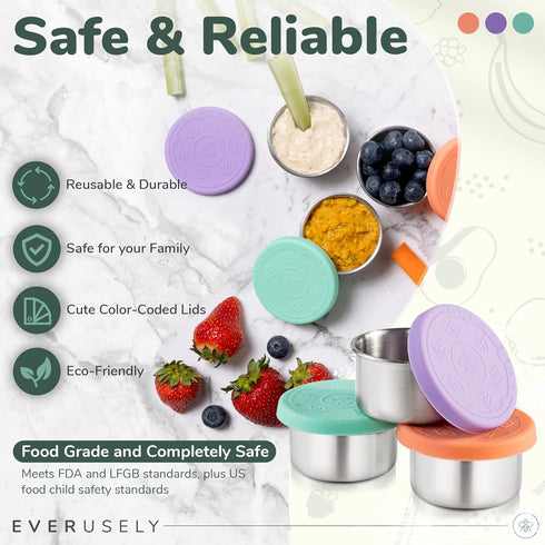 Everusely Condiment Cups - 3 Pack, 1.7 oz / 50 ml, Bright, Stainless Steel - Condiment Containers with Lids - Reusable Salad Dressing Container To...