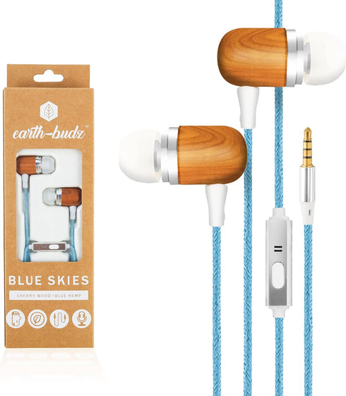 Earth-Budz - Genuine Wood Earbuds, in-Ear Noise-Isolating Headphones, with in-line Microphone. (Blue Skies)...
