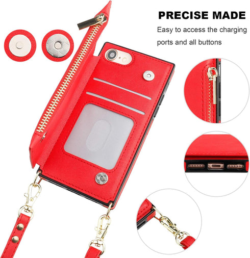 Bocasal Crossbody Wallet Case for iPhone SE 2022/SE 2020/7/8 with Card Holder,Zipper Card Slot Protector Shockproof Purse Cover with Removable Cro...
