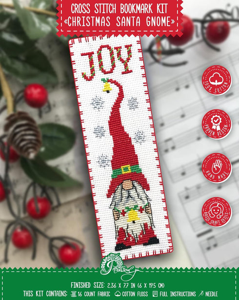 Povitrulya Christmas Santa Gnome - Counted Cross Stitch Bookmark Kit - DIY Embroidery Gift for Kids and Adults......