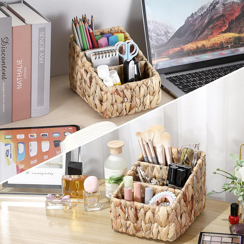 BTSKY 3 Slots Natural Woven Remote Control Holder for Desk Water Hyacinth Media TV Caddy Storage Holder Office Supply Storage Rack Desk Accessorie...