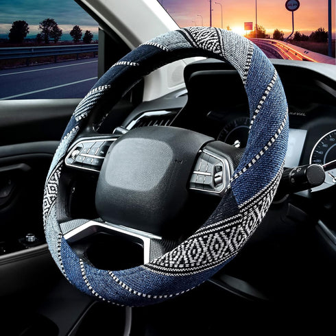 Valleycomfy Cloth Steering Wheel Covers for Women Bohemian Universal 15 inch Baja Blanket Enthic Blue...