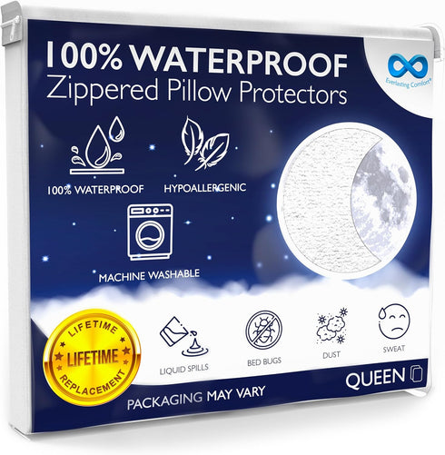 Waterproof Pillow Protector Queen (2-Pack) - Zippered, Hypoallergenic, Dust Mite & Bed Bug Proof, Allergy Pillow Covers...