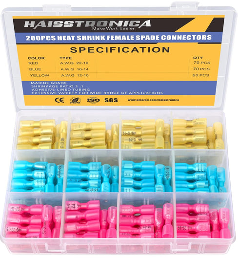 haisstronica 200PCS Heat Shrink Female Spade Connectors,22-10 Gauge Electrical Spade Wire Connectors,Quick Disconnect Wire Connectors,Female Spade...