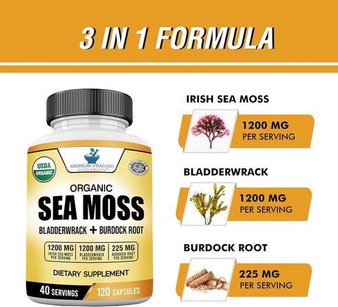 American Standard Supplements Organic Sea Moss, Bladderwrack & Burdock Root Capsules - 1200mg Sea Moss, 1200mg Bladderwrack, 225mg Burdock Root Pe...