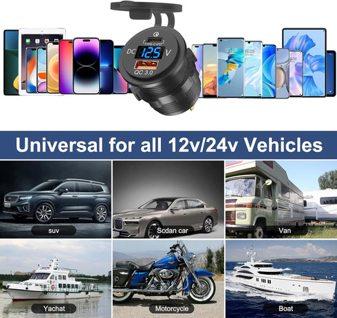 48W 12V USB Outlet USB C Car Socket, PD 30W and QC 18W Car USB Ports Waterproof Cigarette Lighter Replacement Car Charger Power Outlet with LED Di...