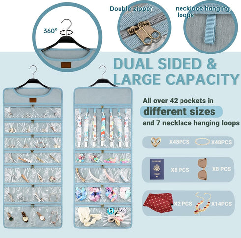 SMRITI Hanging Jewelry Organizer with Dual Zippered Pockets Canvas Double Sided Rotating Hanger Necklace Hanging Wall Organizer Earring Dustproof ...