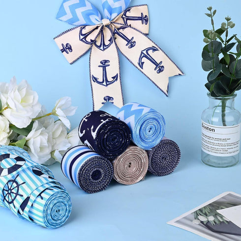 6Rolls Nautical Wired Edge Ribbon 2.5Inch Navy Blue Anchor Waves Stripes Starfish Printed Fabric Ribbon for Baby Shower Summer Holidays Under The ...