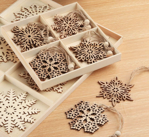 ilauke 12pcs Wooden Snowflakes Decorations 3 inch Christmas Ornaments Wood Hanging Ornament Rustic Farmhouse Christmas Craft Supplies...
