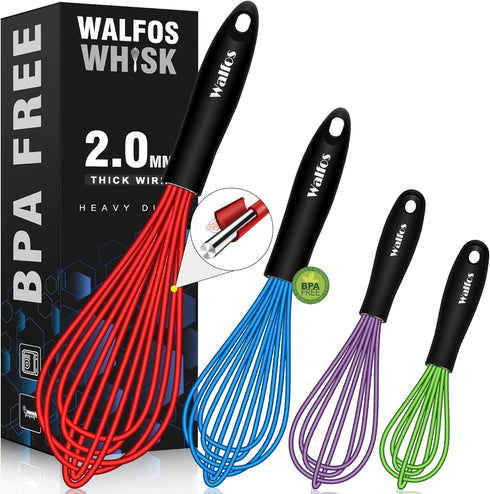 Walfos Whisk, Silicone Whisk Heat Resistant (450°F) Kitchen Whisks Set of 4- Professional Whisks For Cooking Non Scratch, Balloon Egg Wisk Perfect...