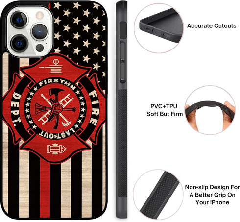 Wood Fireman American Flag Thin Red Line US Firefighter Case - Compatible with iPhone 14 Plus - Durable Non-Slip TPU Rubber Shockproof Slim Case (...