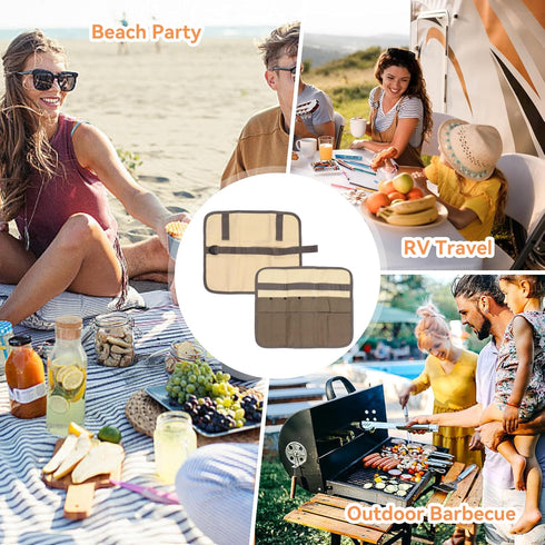 Camping Utensil Bag, Knife Roll Bag for Chefs Canvas Roll Up Culinary Bag Tableware Storage Hanging Bag Multi-purpose Knife Cover for Cooking, Cam...
