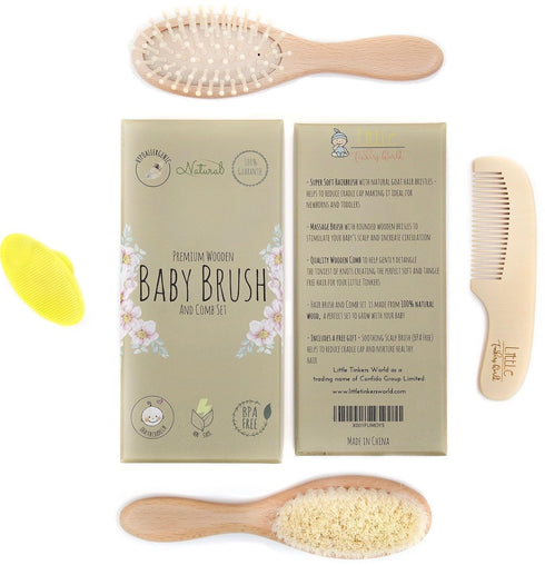 Baby Hair Brush and Comb Set for Newborn Wooden 4 Piece Soft Bristle Baby Brush and Comb Set for Newborn Girl Boy and Toddler Soft Cradle Cap New ...
