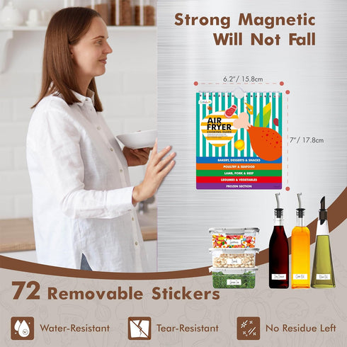 Magnetic Air Fryer Cheat Sheet, Air Fryer Cooking Guide Booklet with 72 Removable Blank Labels, Cooking Time Temp Chart Recipe Guide for Quick Ref...