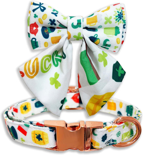 St.Patrick's Day Dog Collar with Bow Tie, Irish Shamrock Clover Collar for Boys and Girls Small Medium Large Pets Puppies (Medium)...